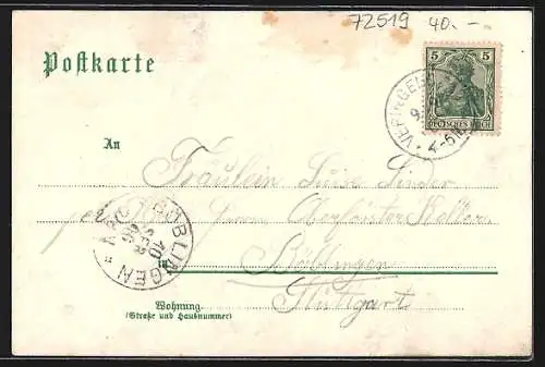 Lithographie Veringenstadt, Gasthof zum Engel an der Hauptstrasse, Wallfahrtskapelle