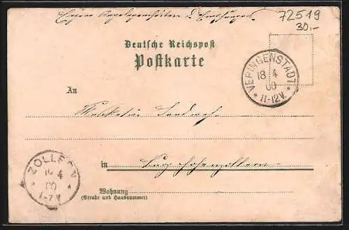 Lithographie Veringenstadt, Schule, Geschäftshaus von Oscar Endriss, Stadtpfarrkirche & Ortspanorama
