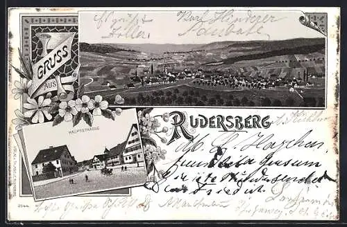 Lithographie Rudersberg, Hauptstrasse mit geschäftigen Leuten, Panorama