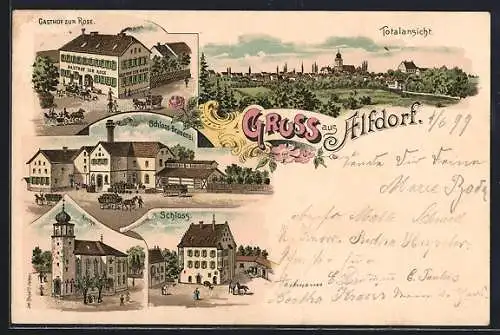 Lithographie Alfdorf, Schloss-Brauerei, Gasthof zur Rose, Schloss, Kirche