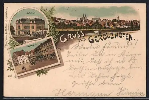 Lithographie Gerolzhofen, Bahnhof, Marktplatz, Totalansicht