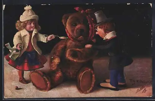 Künstler-AK Fritz Hildebrandt: Steiff-Teddy wird gefüttert