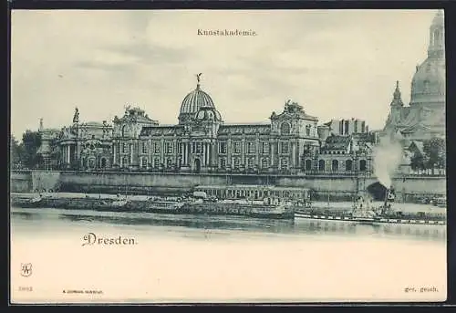 AK Ganzsache PP19F32: Dresden, Kunstakademie, anliegender Dampfer Stadt Wehlen
