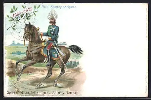 Lithographie Generalfeldmarschall Kronprinz Albert von Sachsen in Uniform zu Pferde, Ganzsache