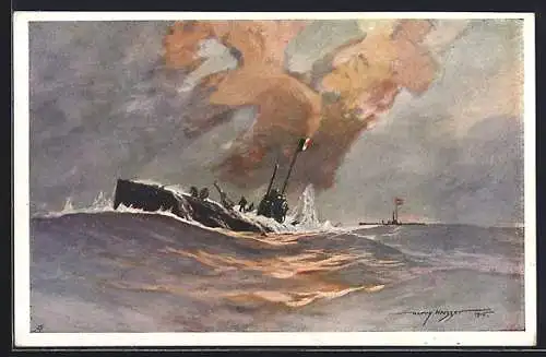 Künstler-AK Harry Heusser: Vernichtung des ital. U-Boots Nereide durch österr. U-Boot