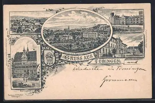 Vorläufer-Lithographie Tübingen, 1891, Rathaus, Kaserne, Universität, Bebenhausen, Totalansicht, Wappen