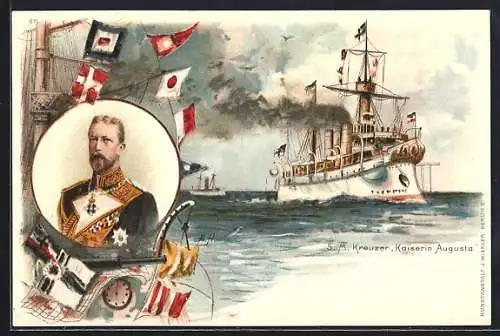 Künstler-AK A. Heide: S.M. Kreuzer Kaiserin Augusta vom Ostasiengeschwader, Portrait Prinz Heinrich von Preussen