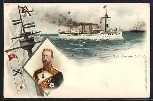 Künstler-Lithographie A. Heide: SM Kreuzer Gefion, Ostasiengeschwader, Prinz Heinrich