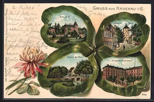 Passepartout-Lithographie Hagenau i. E., Bahnhof, Dragonerkaserne, Bitscher Tor