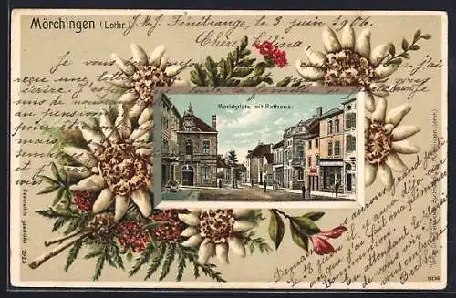 Lithographie Mörchingen /Lothr., Marktplatz mit Rathaus