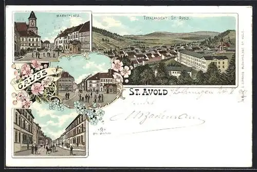 Lithographie St. Avold, Marktplatz, Ortsansicht aus der Vogelschau
