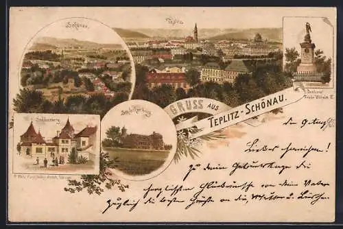 Vorläufer-Lithographie Teplitz-Schönau, 1895, Schlossberg, Schlackenburg, Ortsansicht