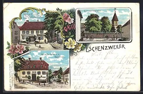 Lithographie Eschenzweiler, Gastwirtschaft v. Benedikt Hetzlen, Gemeindeplatz
