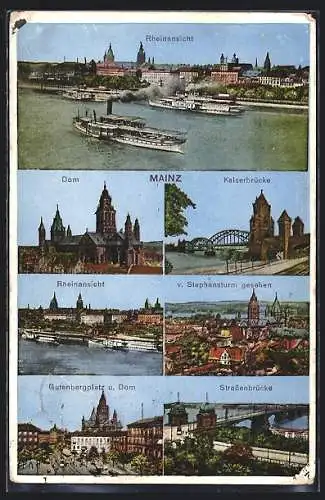 AK Mainz, Rheinansicht, Dom, Kaiserbrücke, Gutenbergplatz und Strassenbrücke