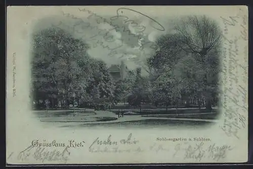 Mondschein-AK Kiel, Schlossgarten und Schloss