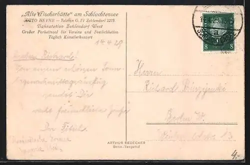 AK Berlin-Schlachtensee, Restaurant Alte Fischerhütte, Bes. Otto Heyne