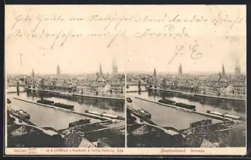 Stereo-AK Bremen, Ortsansicht mit Flusspartie
