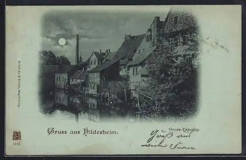 Mondschein-AK Hildesheim, Gross-Venedig mit Wasserpartie