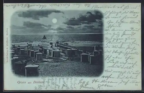 Mondschein-AK Borkum, Strandansicht mit Badegästen