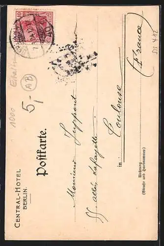 Lithographie Berlin, Central Hotel mit Strassenpartie