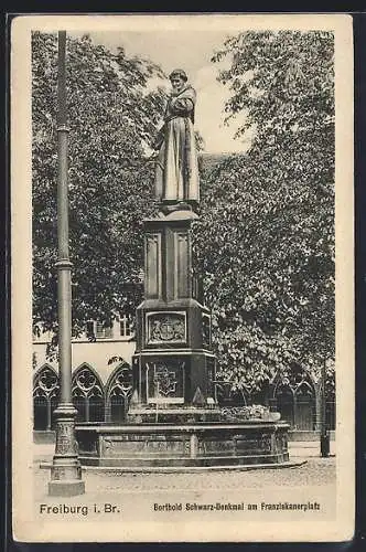 AK Freiburg i. Br., Berthold Schwarz Denkmal am Franziskanerplatz