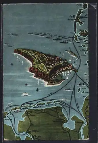 AK Sylt, Gesamtansicht, Gruss von der Nordsee von Sylt bis Borkum