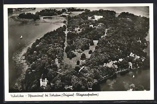 AK Berlin-Wannsee, Pfaueninsel und Nikolskoe, Fliegeraufnahme