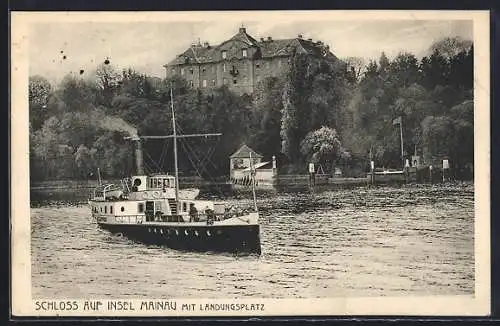 AK Mainau, Blick auf das Schloss mit Landungsplatz und Dampfer im Vordergrund