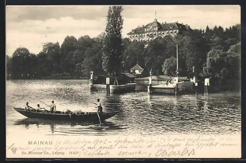 AK Insel Mainau, Panorama mit Schloss Mainau und Boot