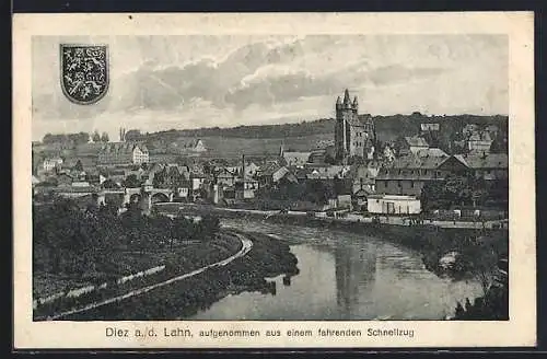 AK Diez a. d. Lahn, Ortsansicht mit Flusspartie, Wappen