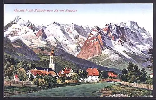 AK Garmisch, Ansicht mit Loisach gegen Alp- und Zugspitze