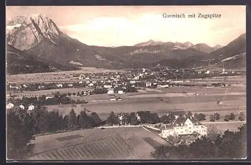 AK Garmisch, Panorama mit Zugspitze