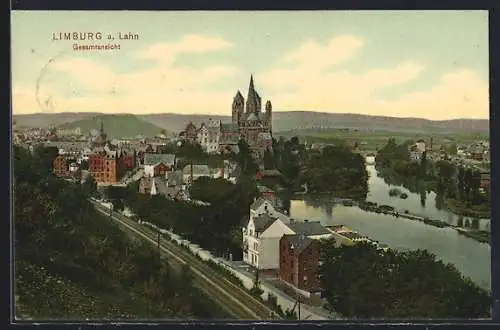 AK Limburg /Lahn, Gesamtansicht mit Bahnstrecke aus der Vogelschau