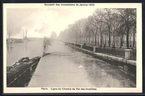 AK Paris, Ligne du Chemin de Fer des Invalides inondée en 1910