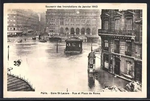 AK Paris, Inondations de janvier 1910, Gare St-Lazare, Rue et Place de Rome avec tramway