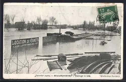 AK Billancourt, Crue de 1910, Bateaux submergés et location de canots inondée