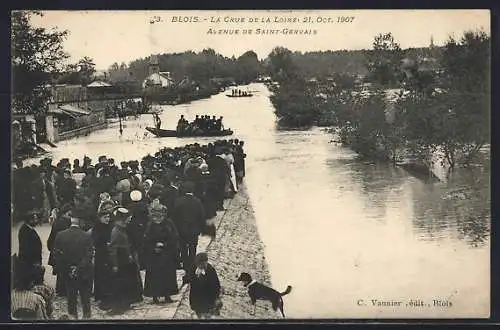 AK Blois, La crue de la Loire 1907, Avenue de Saint-Gervais inondée et foule observant les barques