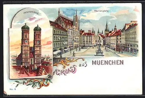 Lithographie München, Marienplatz und Frauenkirche