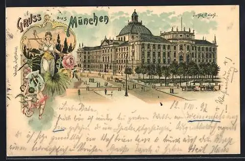 Lithographie München, Justiz-Palast mit Strassenpartie