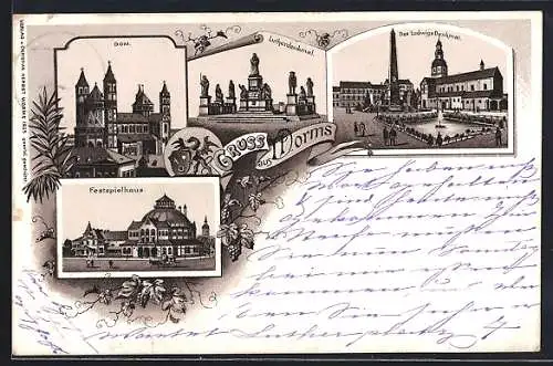 Lithographie Worms, Festspielhaus, Lutherdenkmal, Dom