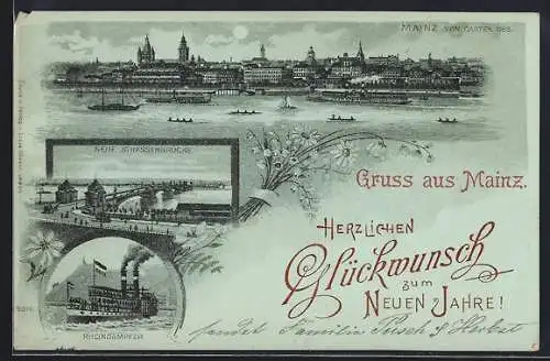 Mondschein-Lithographie Mainz, Rheindampfer, Neue Strassenbrücke, Neujahrsglückwünsche