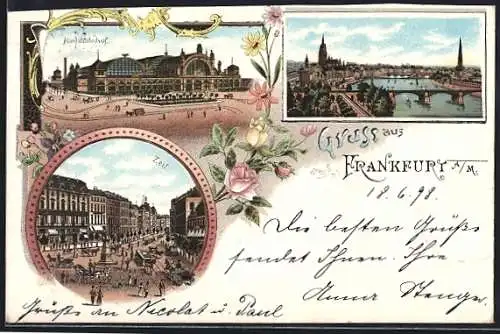 Lithographie Frankfurt a. M., Teilansicht, Hauptbahnhof, Strasse Zeil mit Pferdebahn