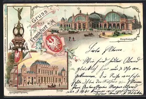 Lithographie Frankfurt /Main, Hauptbahnhof und Börse