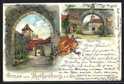 Lithographie Rothenburg o. d. Tauber, Spital-Thor und Koboldzeller Thor