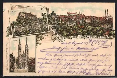 Lithographie Nürnberg, Lorenz-Kirche, Burg, Ortsansicht mit Parkanlage