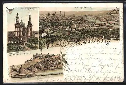Lithographie Würzburg, Panorama, Stift Haug Kirche, Alte Brücke mit Festung