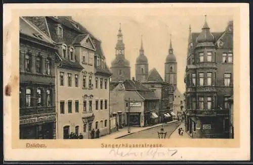 AK Eisleben, Sängerhäuserstrasse mit Geschäften Schlächterei Hermann Lindrath und Holzwarenlager Carl Niedermeyer