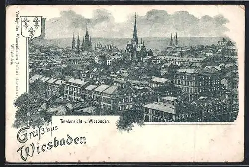 Lithographie Wiesbaden, Totalansicht der Stadt, Wappen