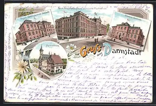 Lithographie Darmstadt, Martinskirche, Chemie-Gebäude, Neue Grossherzogliche Technische Hochschule