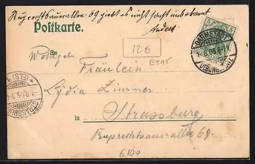 Lithographie Darmstadt, Übungsplatz mit Badeanstalt, Frühstücksgebäude und Preuss. Stabs-Gebäude